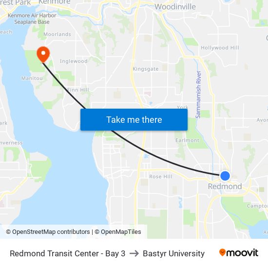 Redmond Transit Center - Bay 3 to Bastyr University map