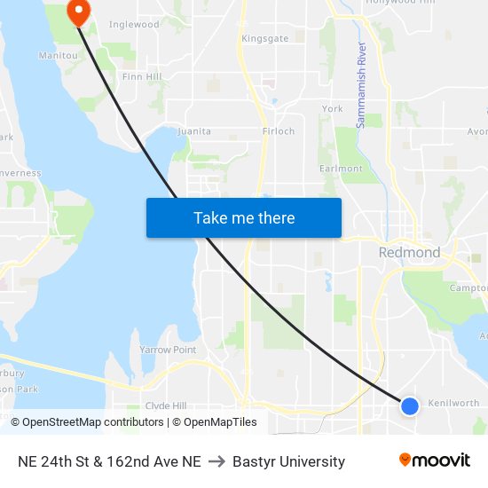 NE 24th St & 162nd Ave NE to Bastyr University map