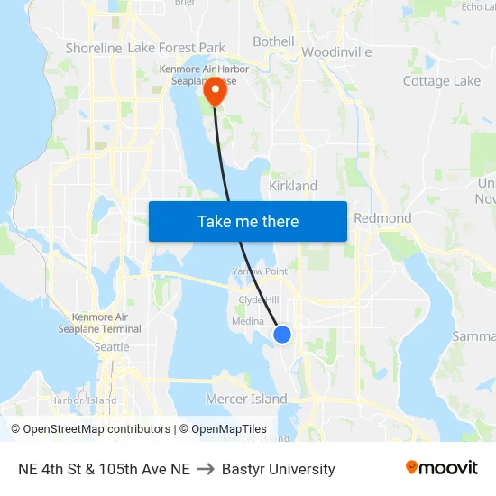 NE 4th St & 105th Ave NE to Bastyr University map