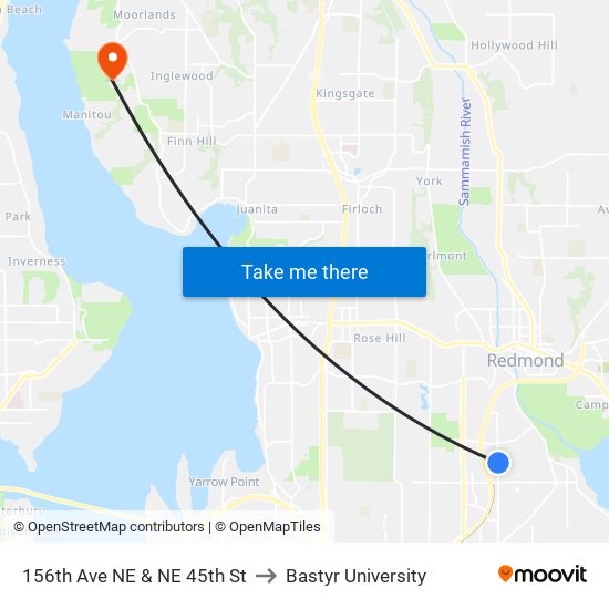 156th Ave NE & NE 45th St to Bastyr University map