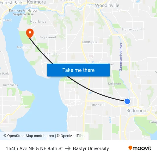 154th Ave NE & NE 85th St to Bastyr University map