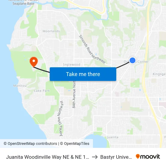 Juanita Woodinville Way NE & NE 145th St to Bastyr University map