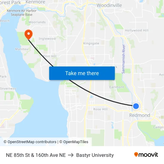 NE 85th St & 160th Ave NE to Bastyr University map