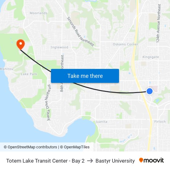 Totem Lake Transit Center - Bay 2 to Bastyr University map