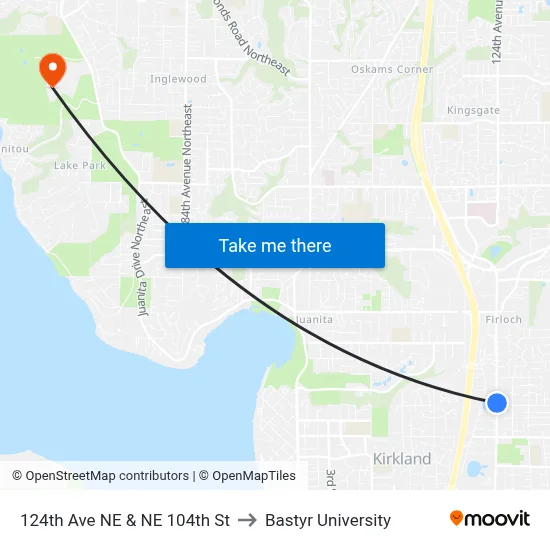 124th Ave NE & NE 104th St to Bastyr University map