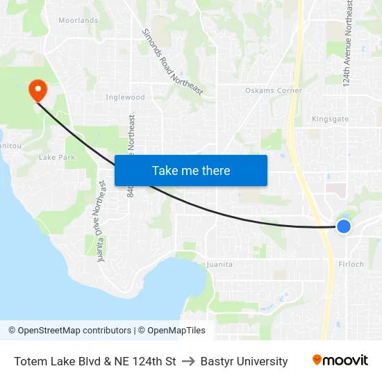 Totem Lake Blvd & NE 124th St to Bastyr University map