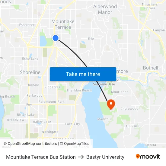 Mountlake Terrace Bus Station to Bastyr University map