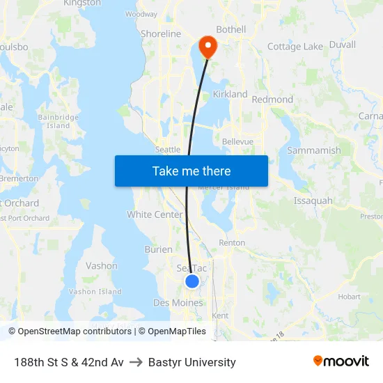 188th St S & 42nd Av to Bastyr University map