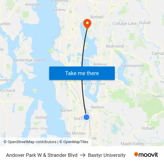 Andover Park W & Strander Blvd to Bastyr University map