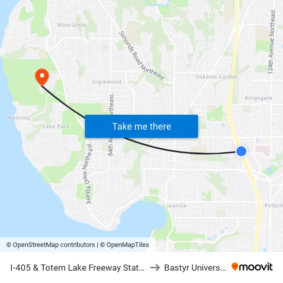 I-405 & Totem Lake Freeway Station to Bastyr University map