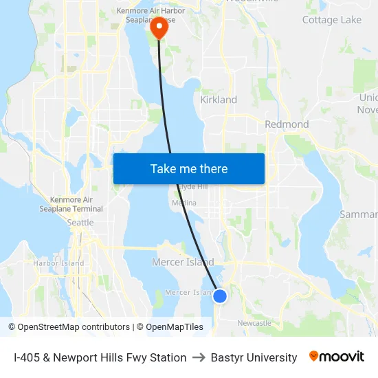 I-405 & Newport Hills Fwy Station to Bastyr University map