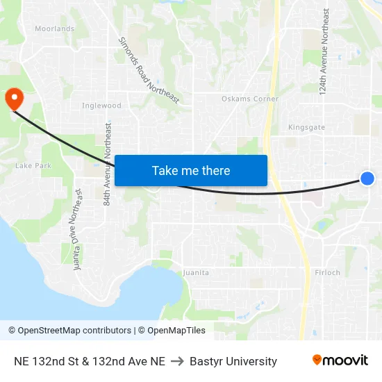 NE 132nd St & 132nd Ave NE to Bastyr University map