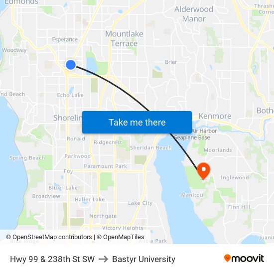 Hwy 99 & 238th St SW to Bastyr University map