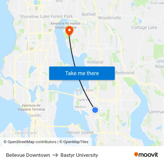 Bellevue Downtown to Bastyr University map