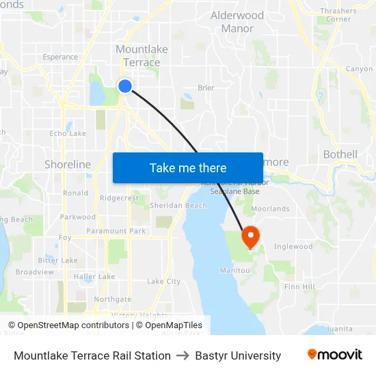 Mountlake Terrace Rail Station to Bastyr University map