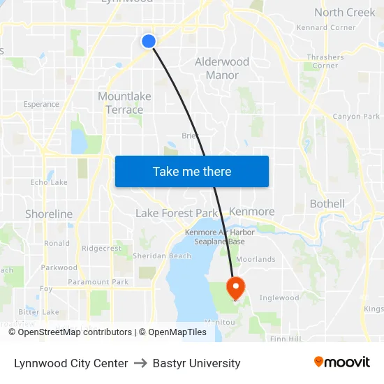 Lynnwood City Center to Bastyr University map