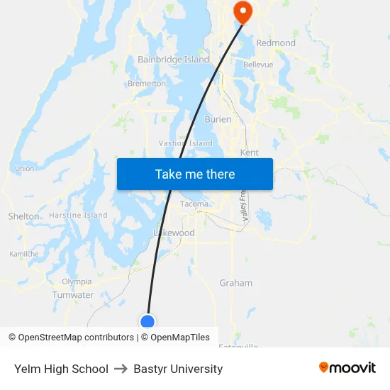 Yelm High School to Bastyr University map