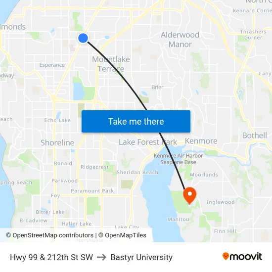 Hwy 99 & 212th St SW to Bastyr University map