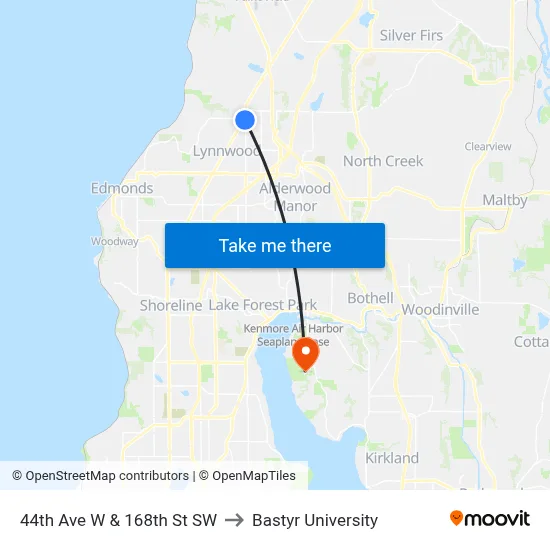 44th Ave W & 168th St SW to Bastyr University map