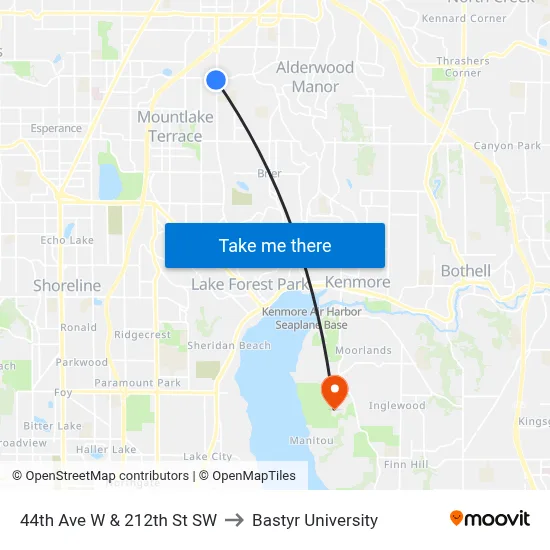 44th Ave W & 212th St SW to Bastyr University map