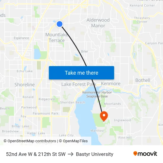 52nd Ave W & 212th St SW to Bastyr University map
