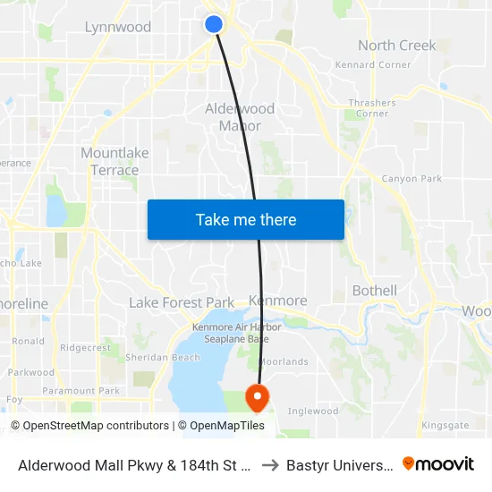 Alderwood Mall Pkwy & 184th St SW to Bastyr University map