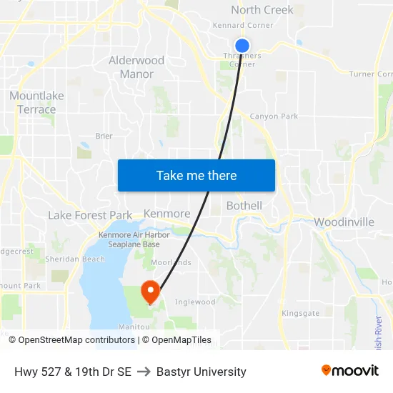 Hwy 527 & 19th Dr SE to Bastyr University map