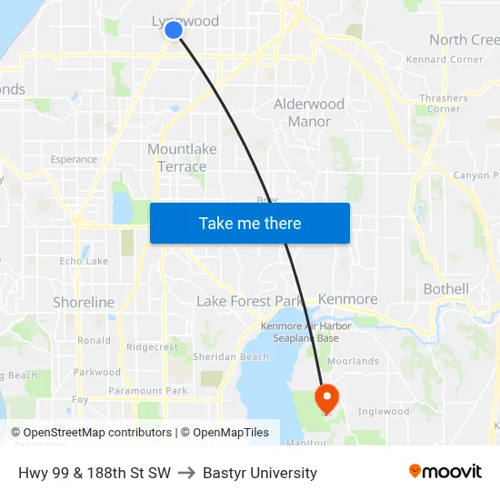 Hwy 99 & 188th St SW to Bastyr University map