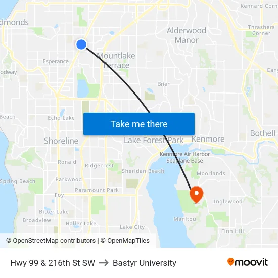 Hwy 99 & 216th St SW to Bastyr University map