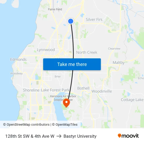 128th St SW & 4th Ave W to Bastyr University map
