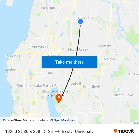 132nd St SE & 29th Dr SE to Bastyr University map