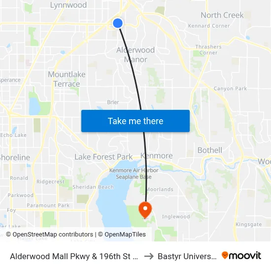 Alderwood Mall Pkwy & 196th St SW to Bastyr University map