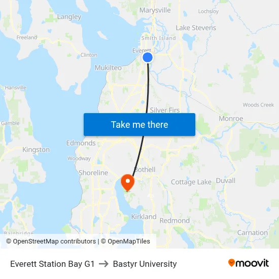 Everett Station Bay G1 to Bastyr University map