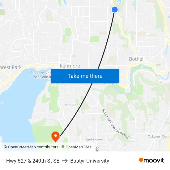 Hwy 527 & 240th St SE to Bastyr University map