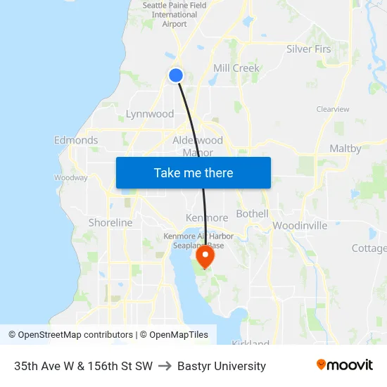 35th Ave W & 156th St SW to Bastyr University map