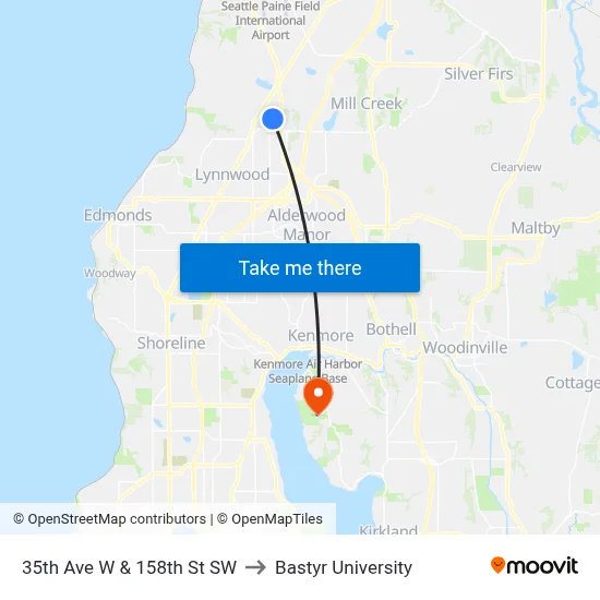 35th Ave W & 158th St SW to Bastyr University map