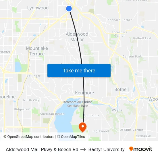 Alderwood Mall Pkwy & Beech Rd to Bastyr University map