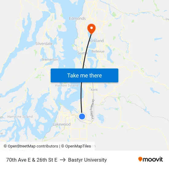 70th Ave E & 26th St E to Bastyr University map