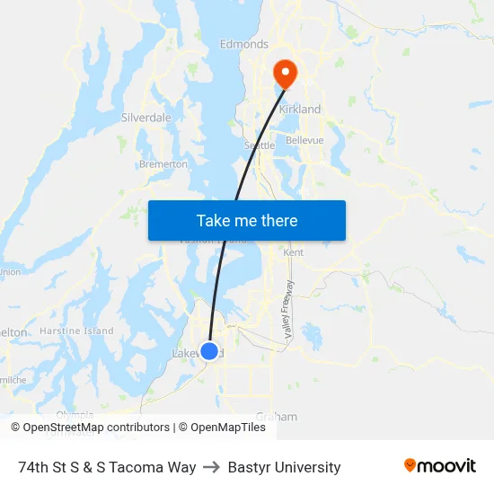 74th St S & S Tacoma Way to Bastyr University map