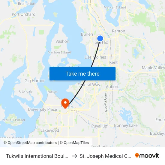 Tukwila International Boulevard to St. Joseph Medical Center map