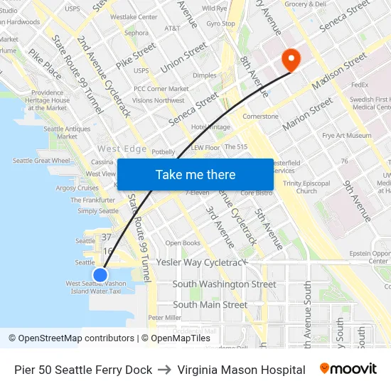 Pier 50 Seattle Ferry Dock to Virginia Mason Hospital map