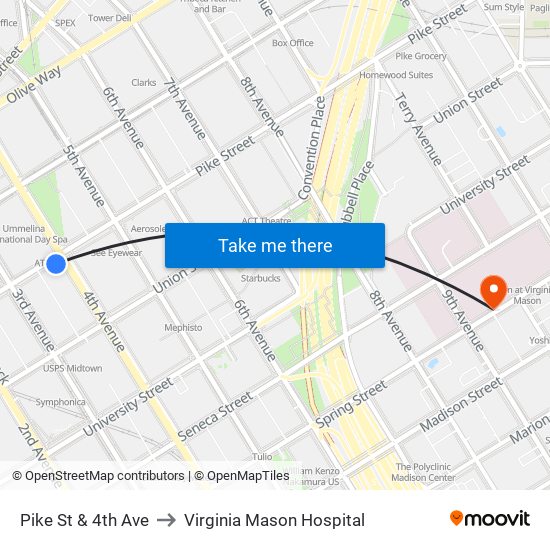 Pike St & 4th Ave to Virginia Mason Hospital map