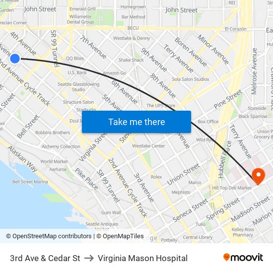 3rd Ave & Cedar St to Virginia Mason Hospital map