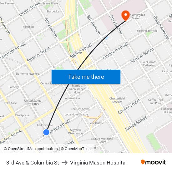 3rd Ave & Columbia St to Virginia Mason Hospital map