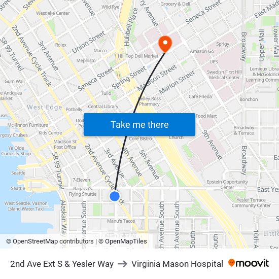 2nd Ave Ext S & Yesler Way to Virginia Mason Hospital map