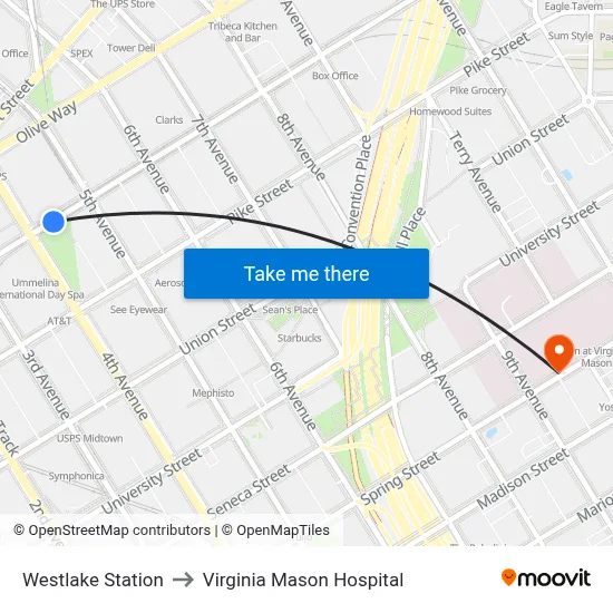 Westlake Station to Virginia Mason Hospital map