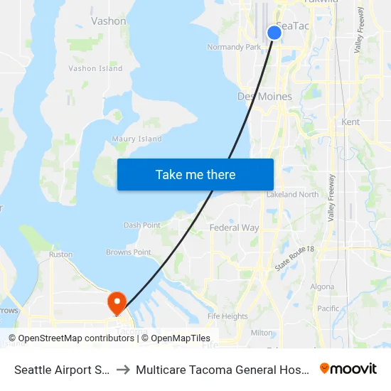 Seattle Airport SEA to Multicare Tacoma General Hospital map