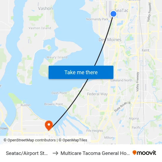 Seatac/Airport Station to Multicare Tacoma General Hospital map