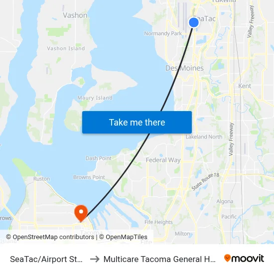 SeaTac/Airport Station to Multicare Tacoma General Hospital map