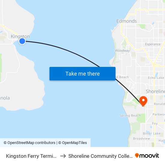 Kingston Ferry Terminal to Shoreline Community College map